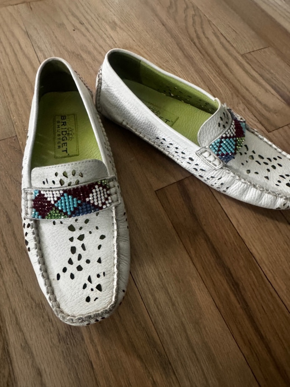 Bridget Shuster Resort White Leather Driving loafer Moccasin  Gems  7.5 Navajo